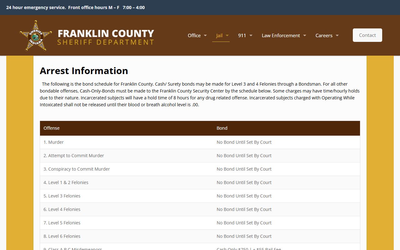 Franklin County arrest records bonds and charge status