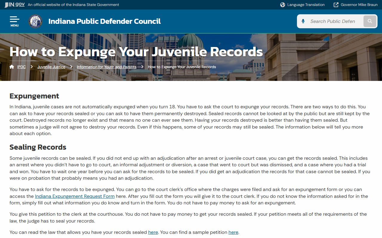 Franklin County court records Indiana juvenile expungement guidance