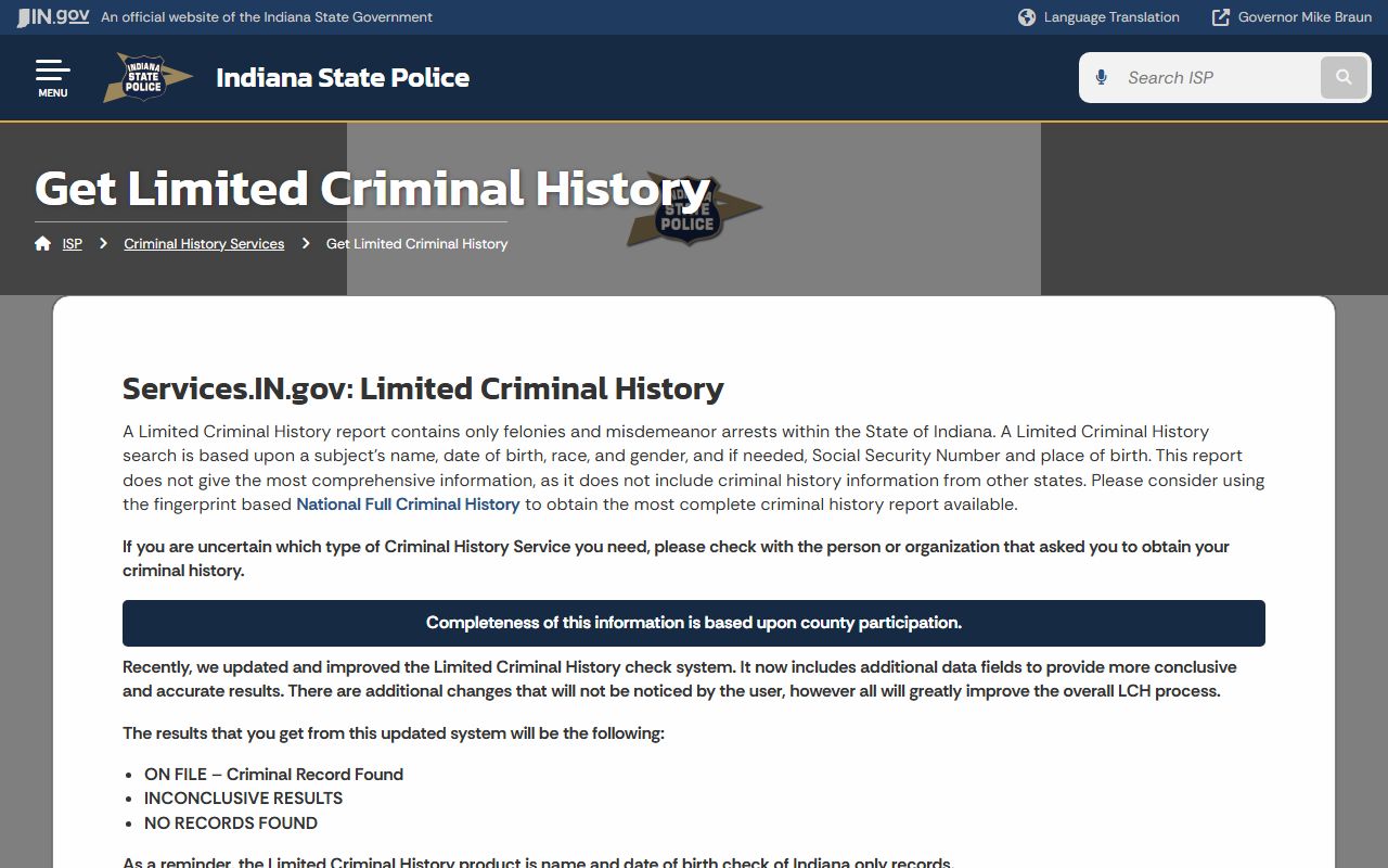 Franklin County criminal court records Indiana State Police limited criminal history page