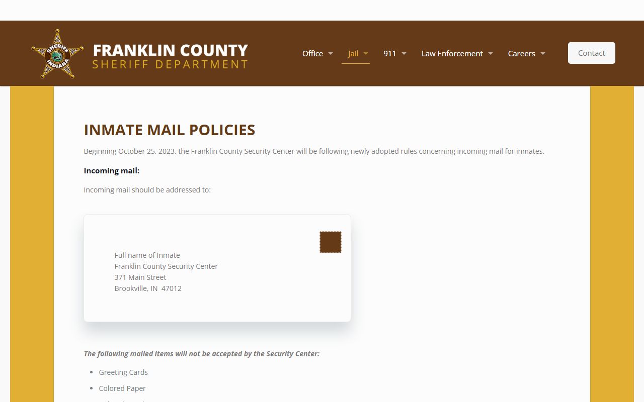 Franklin County inmate records mail policies