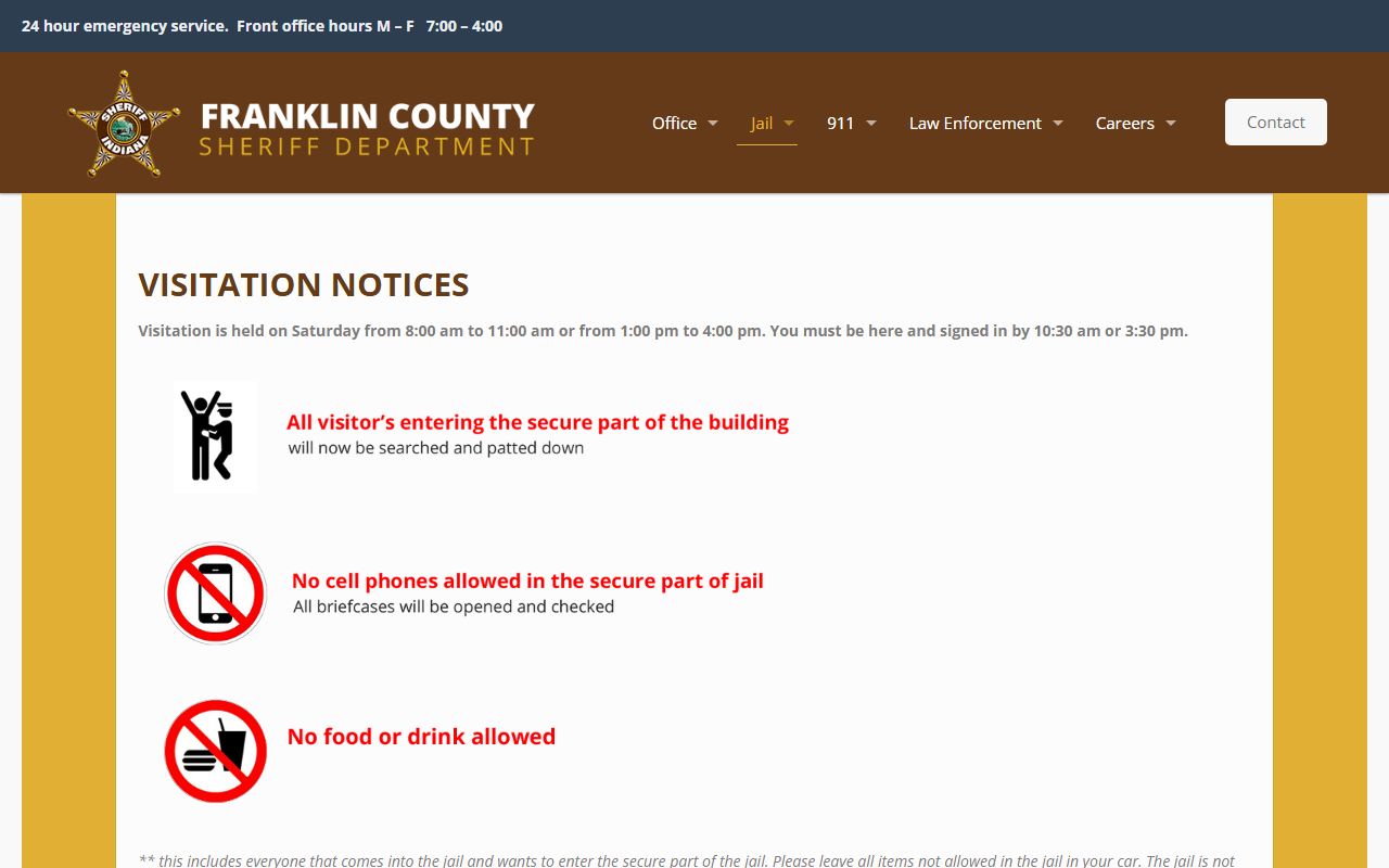 Franklin County inmate records visitation rules