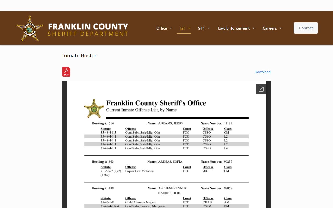 Franklin County inmate records and inmate roster page