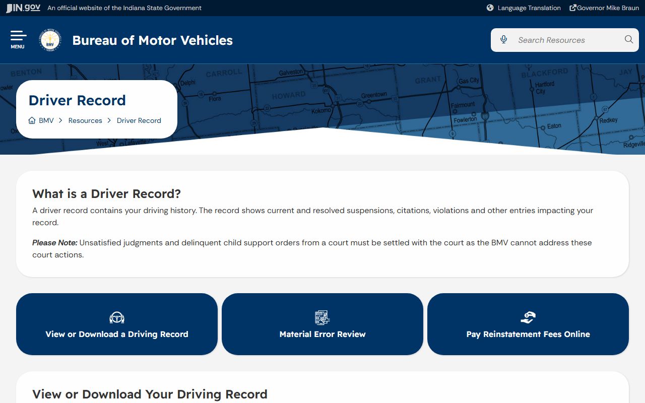 Franklin County traffic court records and BMV driver record page